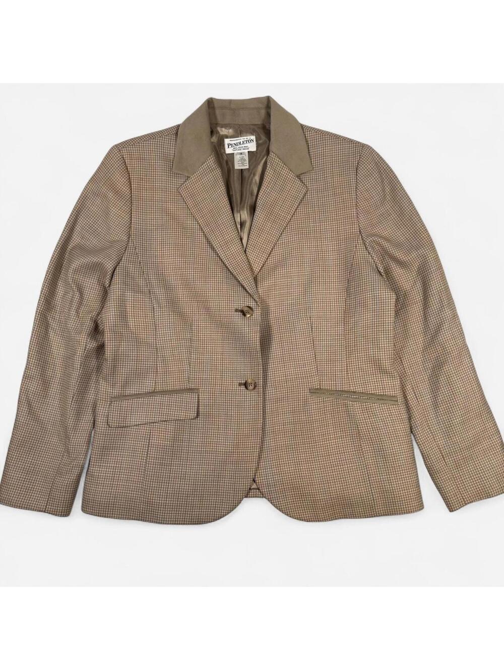 Pendleton Wool Blazer Womens 14 Beige Houndstooth Suede Trim